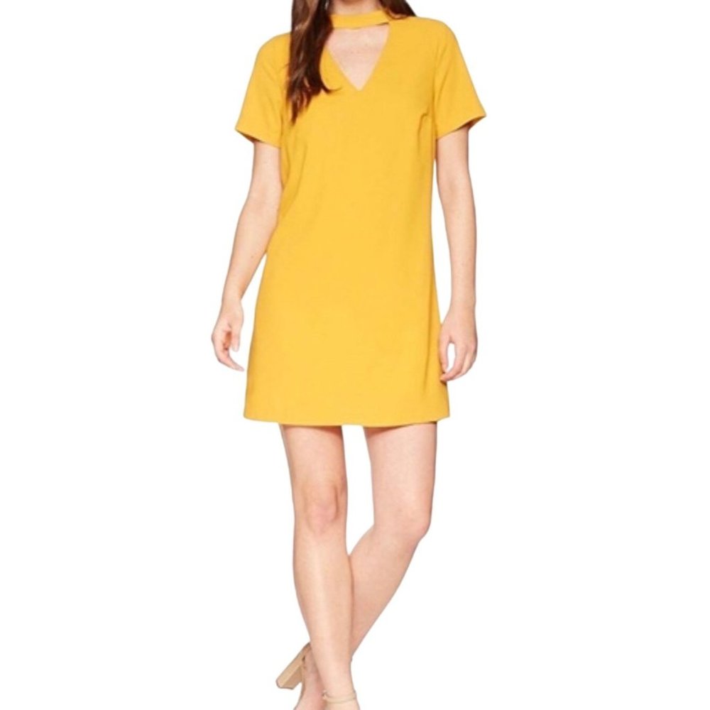 Bishop + Young Mini Dress Shift V-Neck Plunge Mustard Yellow Size Small Cutout - Picture 1 of 9